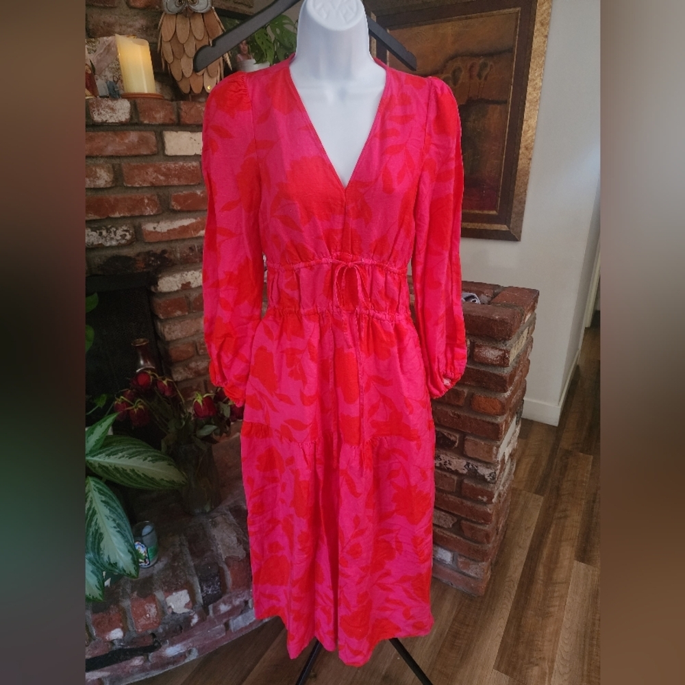 Kate Spade Red Pink Floral Print Midi Dress Long Sleeve Romantic